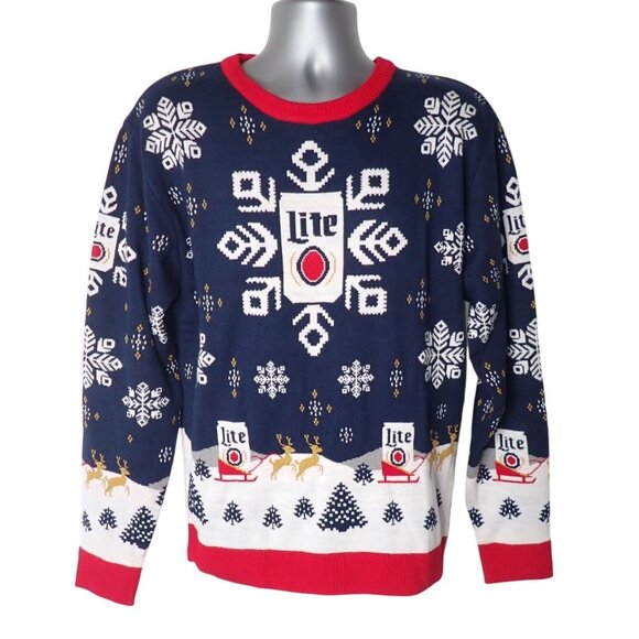 Miller Lite 2019 Christmas‎ Holiday Party Sweater Snowflakes Men Size L Reindeer - Picture 1 of 7